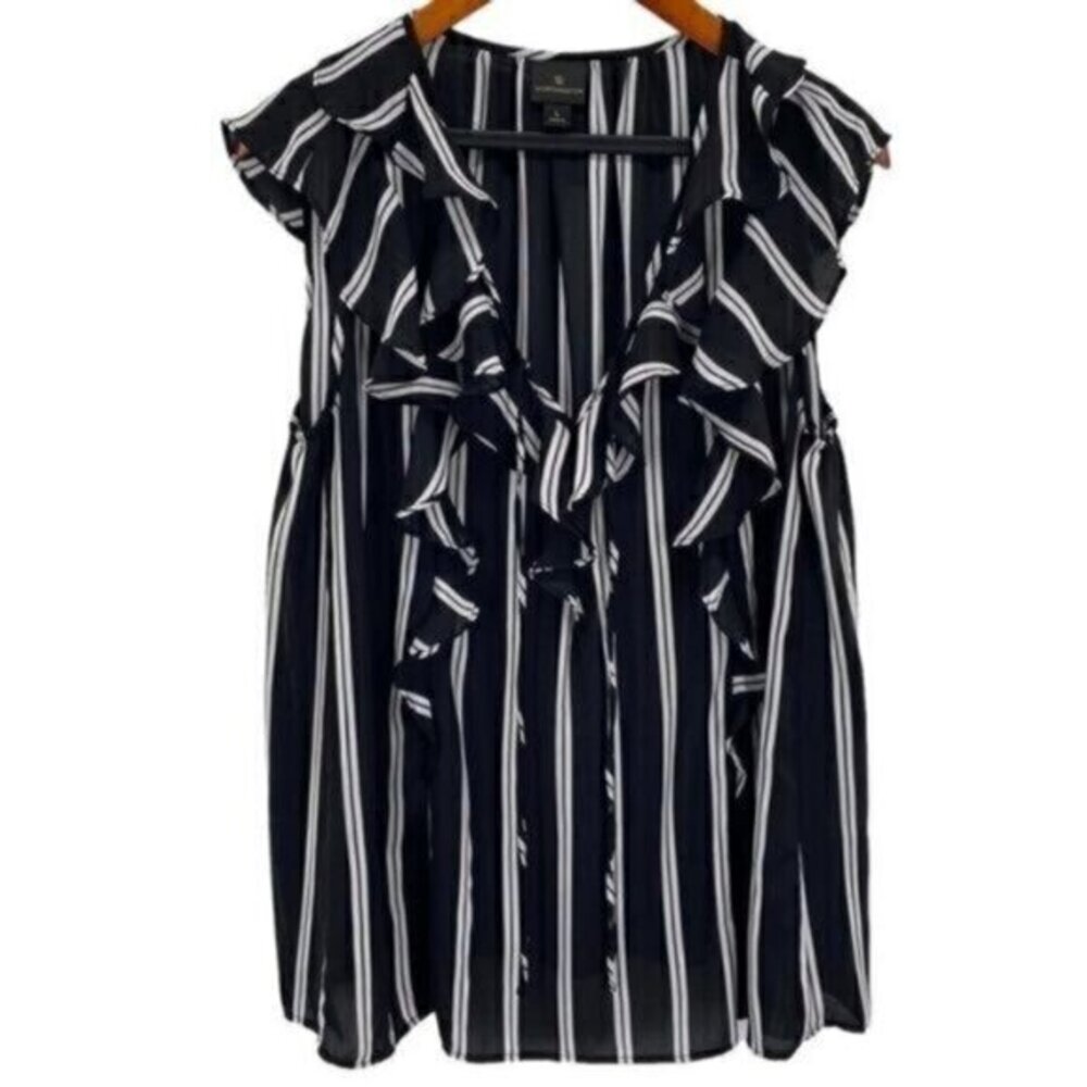 Worthington Black and White Stripe Ruffle Front Blouse